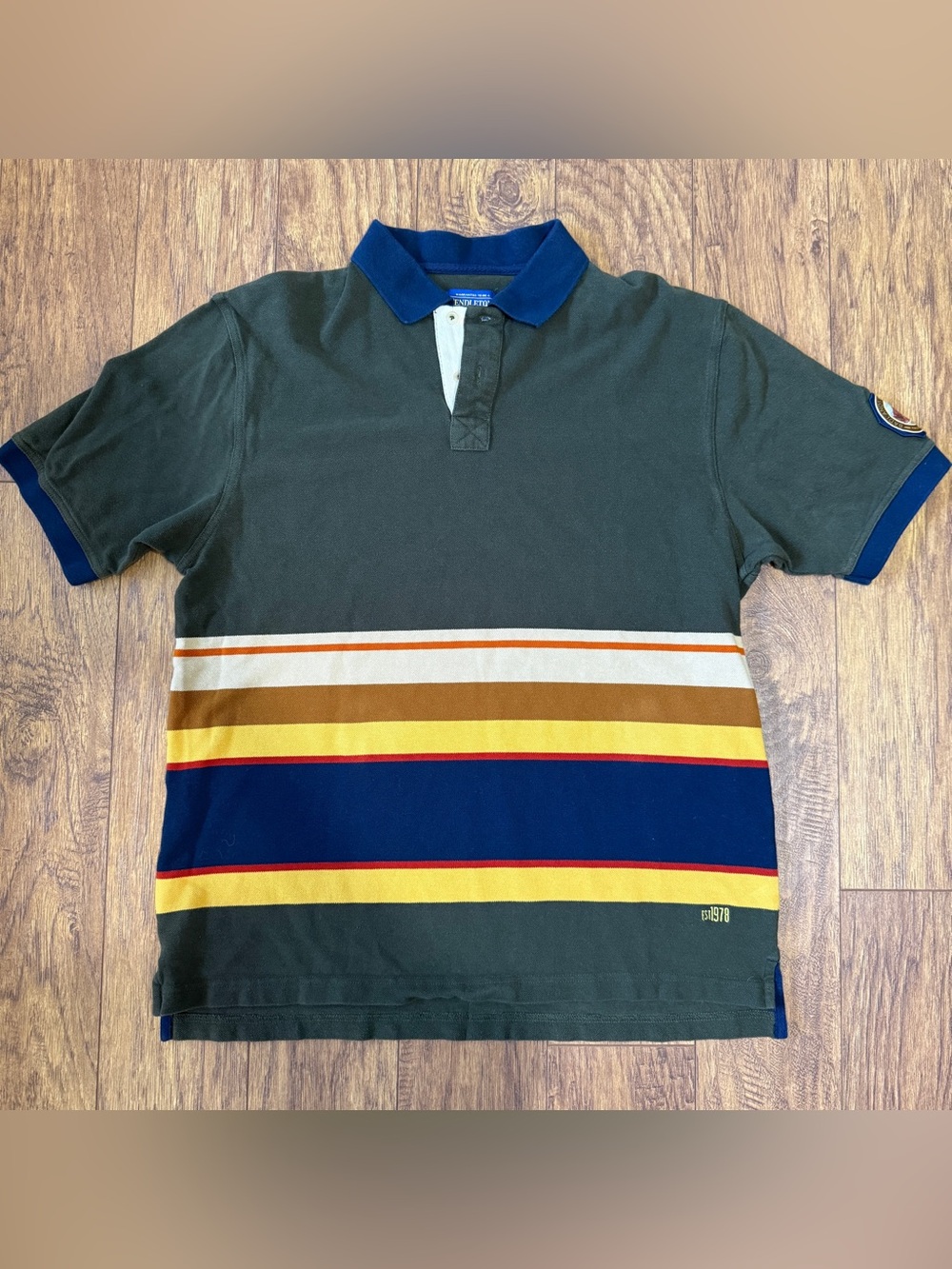 Preppy Pendleton Men’s L Olive Polo with Navy, Yellow & Brown Stripes Americana